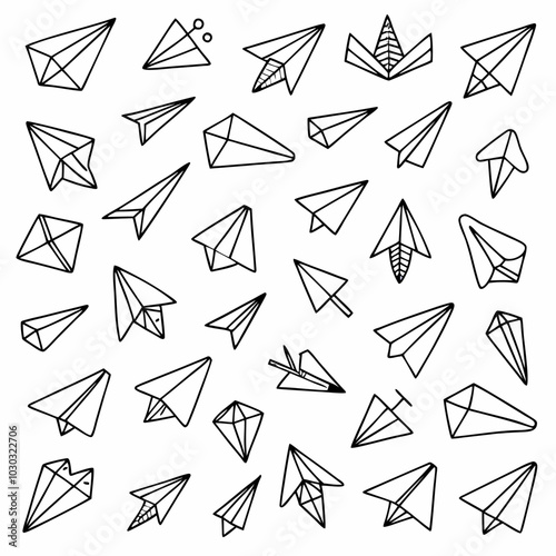 A hand-drawn pattern featuring various styles of paper airplanes, perfect for adding a touch of whimsy and nostalgia to your designs. Use this versatile graphic for stationery, children's products.