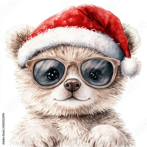 Cute festive bear wearing glasses and santa hat for holiday cheer and joyful celebration photo