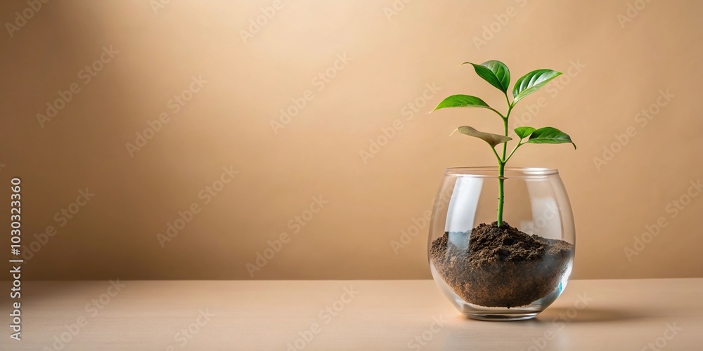 Minimalist plant in glass vase with soil on beige background Minimalist plant in glass vase with soil on beige background