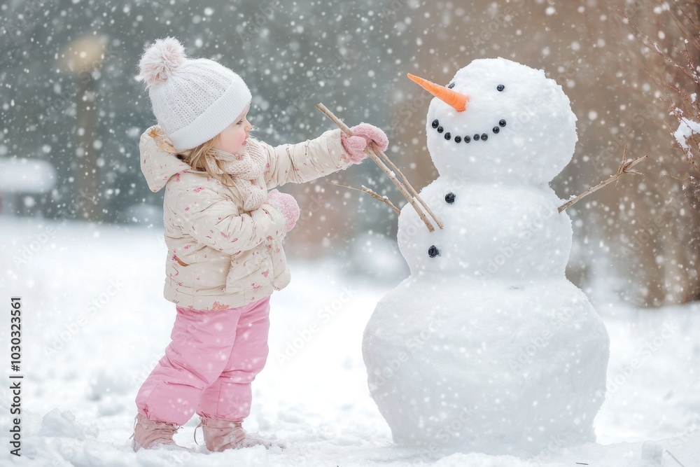 A little girl in pink pants and white winter coat, wearing warm gloves is standing next to her snowman she built on the snowy street of town while it's snowing heavily. A little girl in pink pants and white winter coat, wearing warm gloves is standing next to her snowman she built on the snowy street of town while it's snowing heavily.