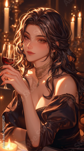 beautiful woman with long dark hair, wearing low cut black dress, enjoys glass of red wine in candlelit setting. Her eyes sparkle with hint of mischief and allure.