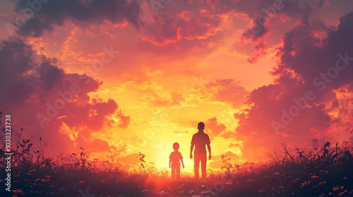 Playful cartoon scene of a father and son walking at sunset their silhouettes framed by glowing orange and pink skies with Happy Fathers Day in bold text above for a heartwarming greeting