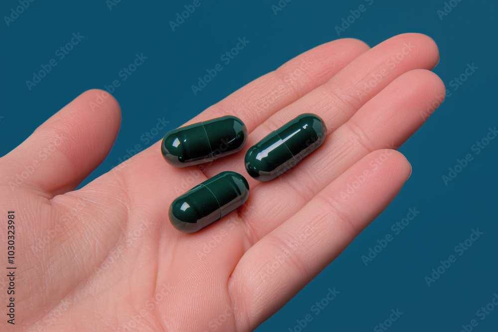 A hand holding two dark green supplement capsules, solid color background A hand holding two dark green supplement capsules, solid color background
