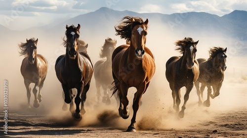 A dynamic action shot of a herd of wild horses running across an expansive desert landscape, with dust swirling around and the animals' powerful movements captured in mid-gallop.