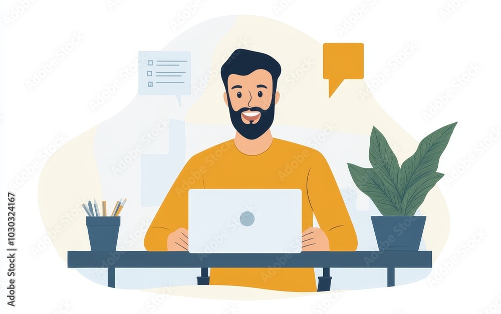 A smiling man working on a laptop at a desk with plants and speech bubbles, suggesting communication. A smiling man working on a laptop at a desk with plants and speech bubbles, suggesting communication.