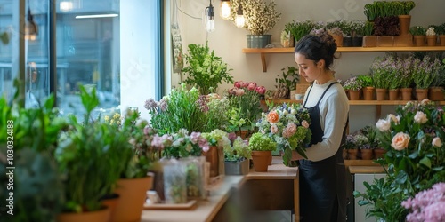 Flower Shop Interior with a Skilled Florist Arranging a Beautiful Bouquet