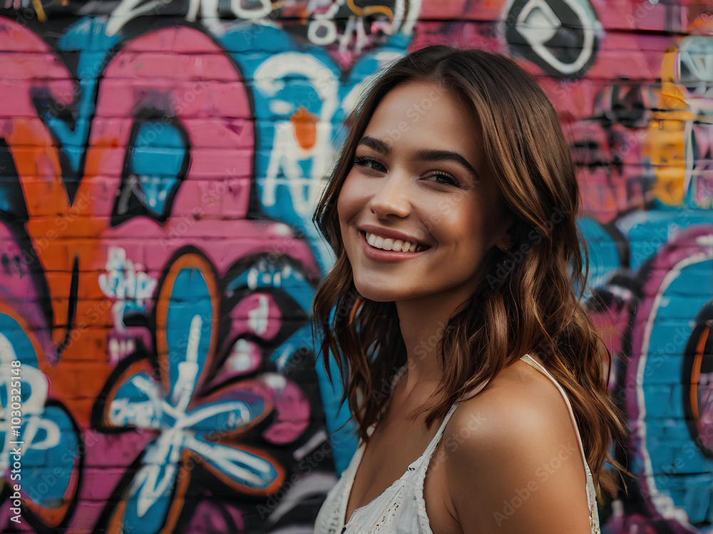 Fototapeta premium Bright colors meet professional style as a smiling woman stands in front of a graffiti wall.