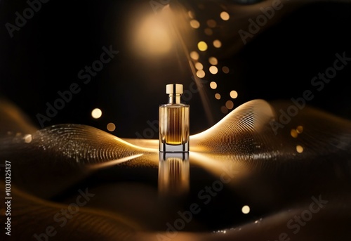 A golden perfume bottle sits in the center of a dark background with soft, glowing lights. photo