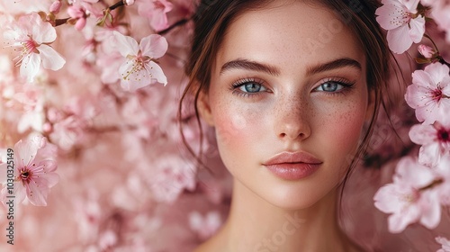 Waist-up portrait of a woman with smooth glowing skin surrounded by delicate pink cherry blossoms in a serene natural setting