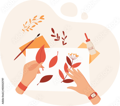 Hand crafting colorful leaves with glue and paper in a creative activity. DIY artwork features flat design style with cute character elements. Suitable for school projects and children's crafts.