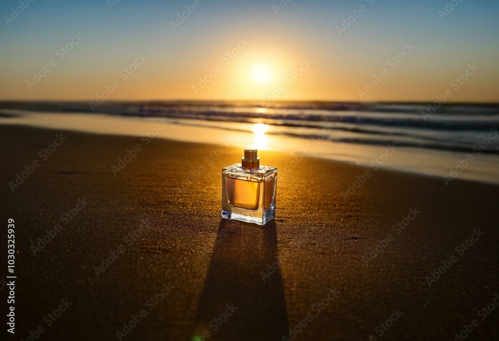 A bottle of perfume rests on a sandy beach at sunset, the warm light casting a long shadow.