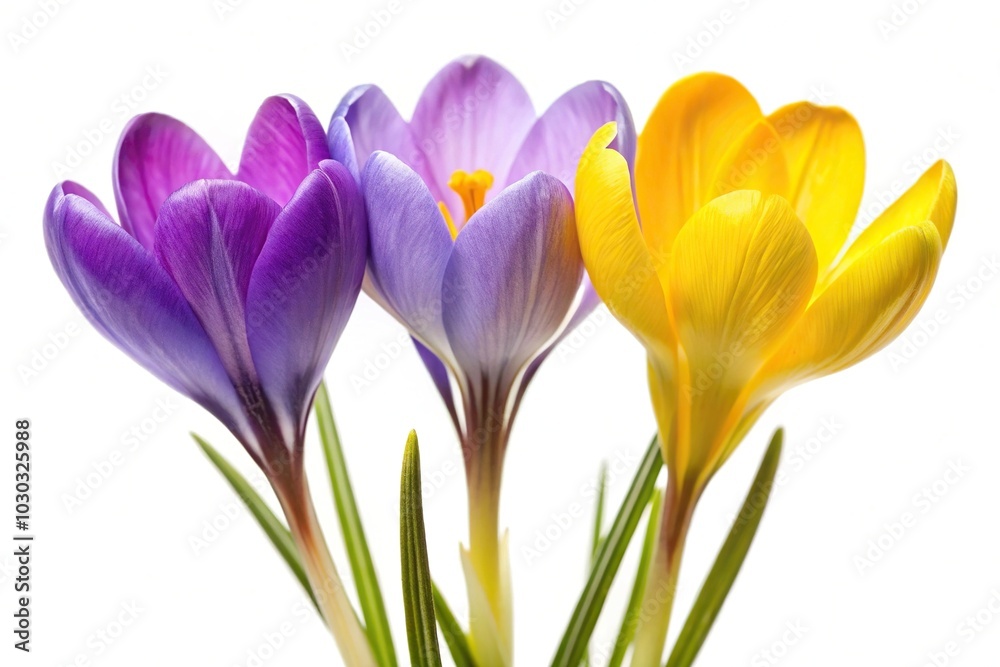 Isolated floral trio of yellow and purple spring flowers on white background with Depth of Field effect Isolated floral trio of yellow and purple spring flowers on white background with Depth of Field effect