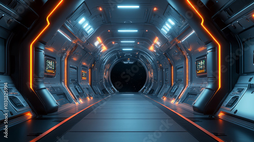 Fototapeta Naklejka Na Ścianę i Meble -  3D rendering of black luminescent technology space capsule interior space background