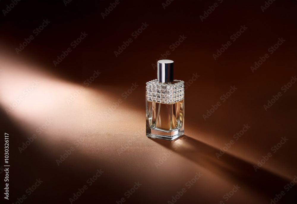 A single bottle of perfume with a silver cap and a diamond-like design sits on a brown surface, illuminated by a spotlight. A single bottle of perfume with a silver cap and a diamond-like design sits on a brown surface, illuminated by a spotlight.