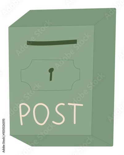 Simple postbox sticker in flat cartoon graphic style, representing mail and letter delivery. Creative stationery design with message and postal themes, ideal for communication correspondence projects.