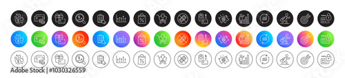 Money, Corrupt and Update data line icons. Round icon gradient buttons. Pack of Shopping, Checklist, Businessman run icon. Lock, Graph chart, Target pictogram. Vector