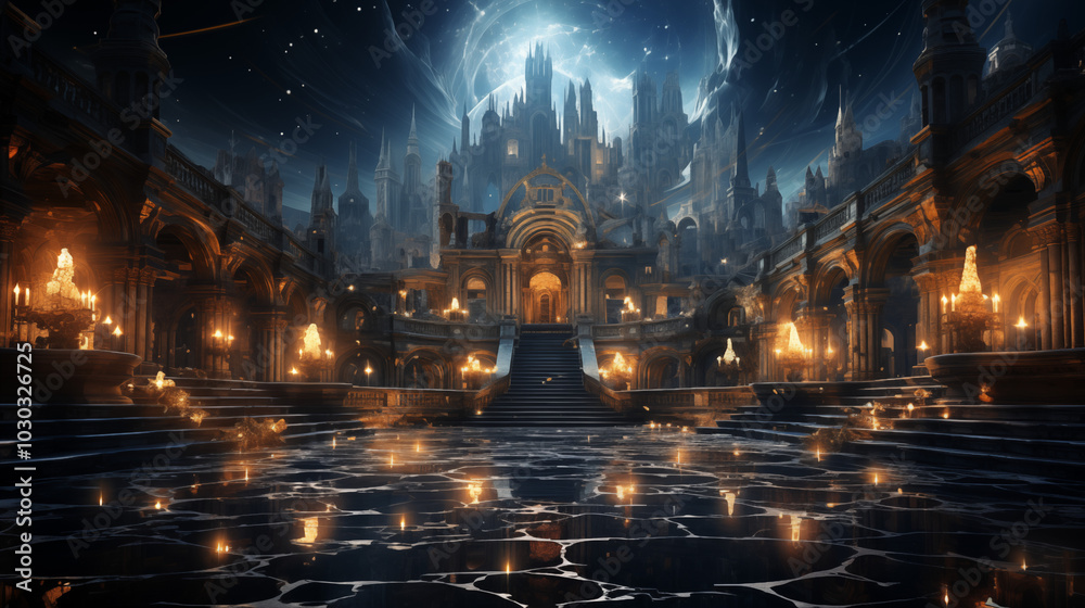 Majestic ancient palace with a surreal mood surrounded by candles and ethereal light Majestic ancient palace with a surreal mood surrounded by candles and ethereal light