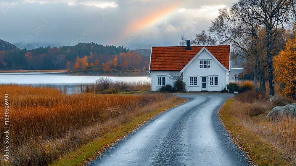 A White House in Norway Surrounded by Nature, Featuring a Road to the Right, Framed by Lush Greenery and Scenic Views, Capturing the Serenity and Beauty of Nordic Architecture.

