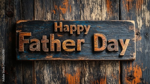 Rustic Happy Father Day greeting card with bold textured wood type letters arranged neatly on a weathered wooden background evoking a warm and vintage feel for Father's Day celebrations