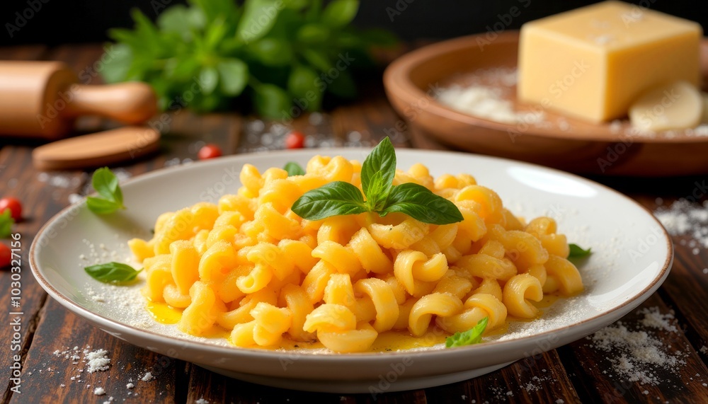 Delicious pasta dish with fresh basil and grated cheese on a rustic table Delicious pasta dish with fresh basil and grated cheese on a rustic table
