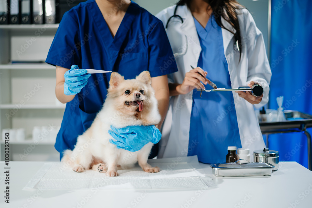 Veterinarian and nurse checking a cute small dog in a clinic. Pet health, professional vet care, Veterinarian and nurse checking a cute small dog in a clinic. Pet health, professional vet care,