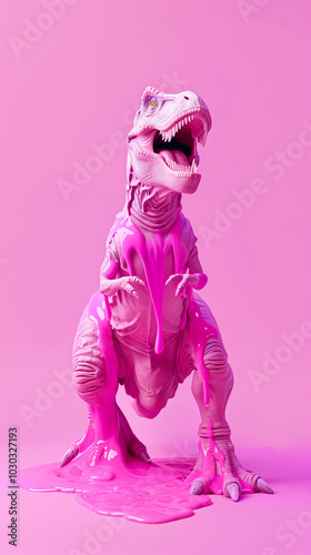 Wild toy dinosaur covered with pink dripping paint.