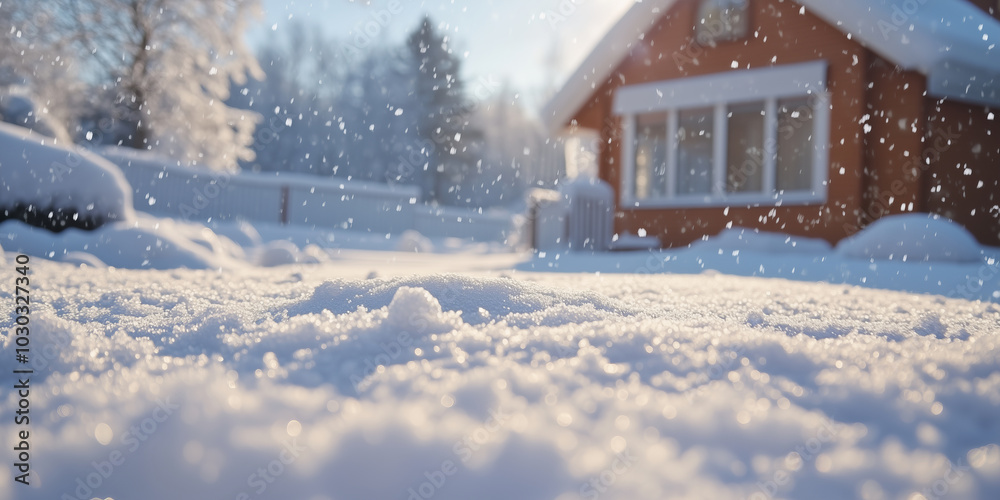 Fluffy white snow on perfect lawn on a backdrop of residential house backyard. Winter season, sunny day outside. Fluffy white snow on perfect lawn on a backdrop of residential house backyard. Winter season, sunny day outside.