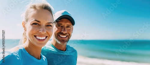 A close-up of a sporty middle-aged couple smiling at the beach with a clear blue sky.