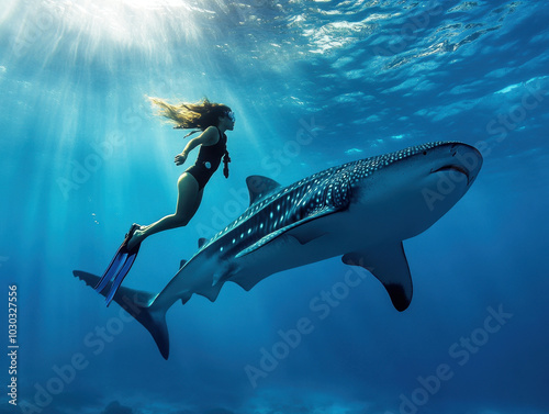 Swimmer gliding alongside a majestic whale shark in vibrant turquoise waters during midday photo