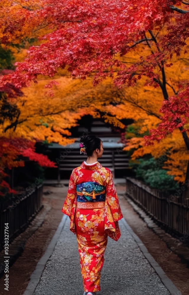 Japanese Woman in Colorful Kimono Walking under Maple Trees in Kiyomizudera Temple Garden, Kyoto Japanese Woman in Colorful Kimono Walking under Maple Trees in Kiyomizudera Temple Garden, Kyoto