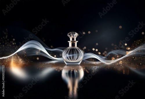 A glass bottle with a gold cap stands on a sparkling surface, surrounded by white smoke and blurred lights. photo