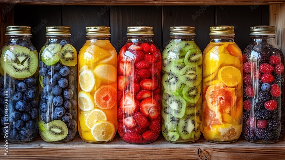 Colorful jars filled with fresh fruits displayed on wooden shelf for a vibrant and healthy aesthetic Colorful jars filled with fresh fruits displayed on wooden shelf for a vibrant and healthy aesthetic
