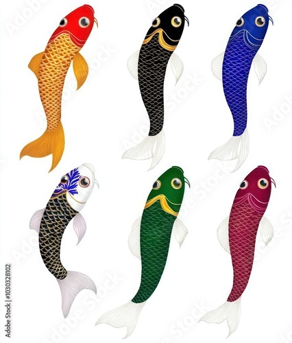 Colorful Koi Fish Wind Socks with Traditional Japanese Motifs on White Background - Set of Long & Narrow Flags with Wide Flat Tails & Eyes in Various Hues photo