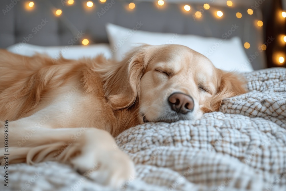 Obraz premium Golden retriever peacefully sleeping on a bed with soft fairy lights in the background capturing a moment of calm warmth and rest in a cozy indoor atmosphere