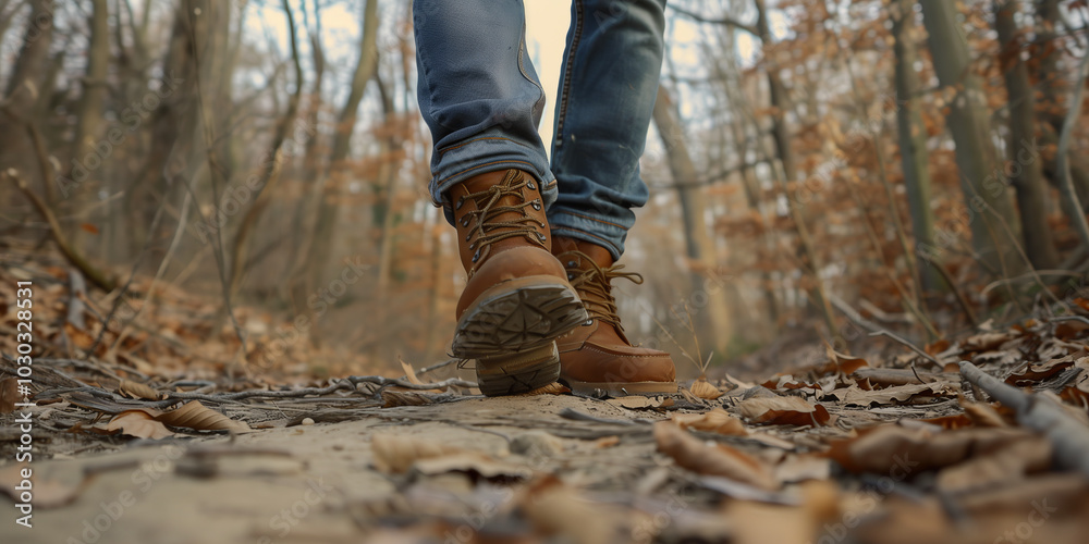Man in trekking boots walking on a backdrop of beautiful nature scenery. Adventure, hiking and active leisure. Man in trekking boots walking on a backdrop of beautiful nature scenery. Adventure, hiking and active leisure.