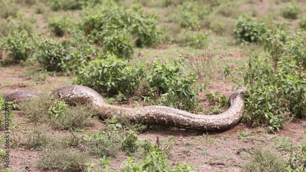 A large snake slithers through the grass on a dry, open landscape in Crescent Island, Kenya A large snake slithers through the grass on a dry, open landscape in Crescent Island, Kenya