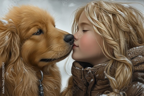 Golden retriever gently nuzzling a child with winter clothes in a snowy outdoor setting expressing warmth friendship and affection in a serene family oriented moment photo