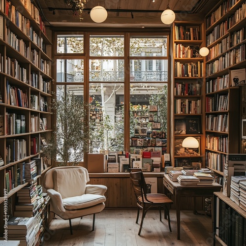 Wallpaper Mural A small bookstore interior with wooden bookshelves, warm lighting, and a cozy reading nook by the window, inviting customers to browse and relax. Torontodigital.ca