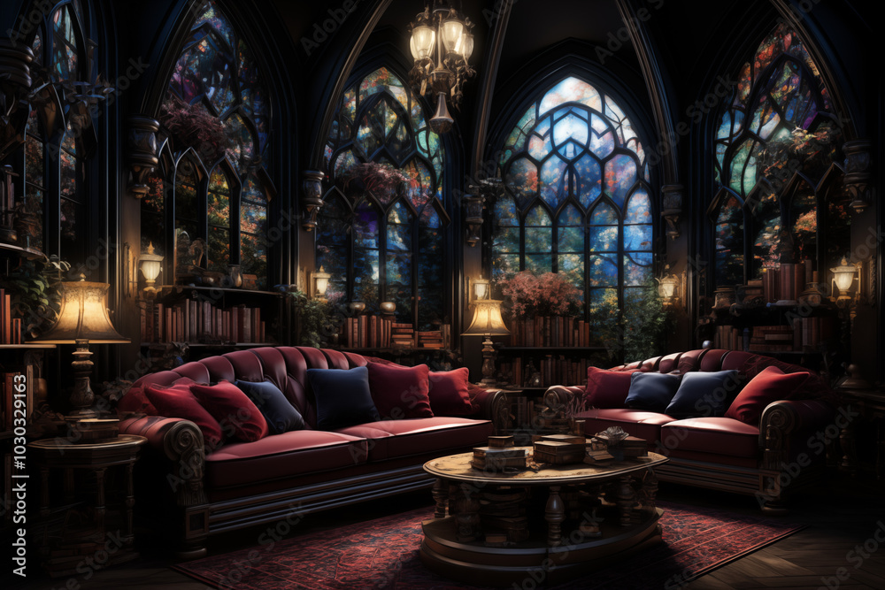 Fototapeta premium Elegant library lounge with antique furniture creating a cozy and inviting atmosphere against stained glass windows