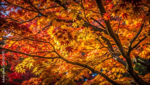 Close-up of a maple tree in autumn, featuring a stunning array of bright red leaves filling the frame.