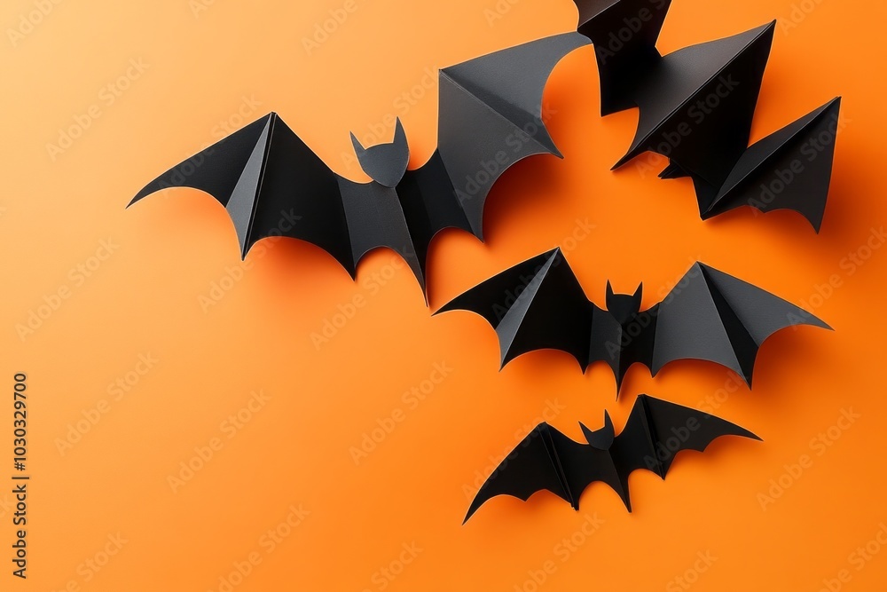 Fototapeta premium Black paper bats on an orange background, a Halloween concept.