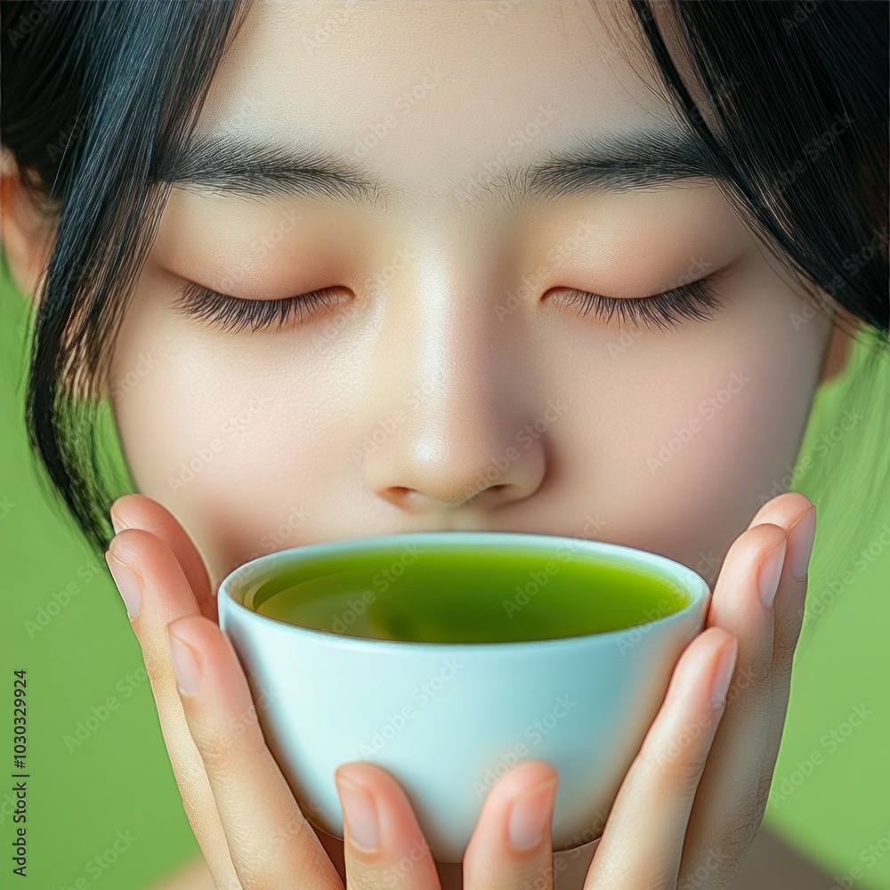 Relaxing Tea Time in the Backyard Garden with Woman Drinking Green Matcha Tea and Girl, Close-up Face Shot Relaxing Tea Time in the Backyard Garden with Woman Drinking Green Matcha Tea and Girl, Close-up Face Shot