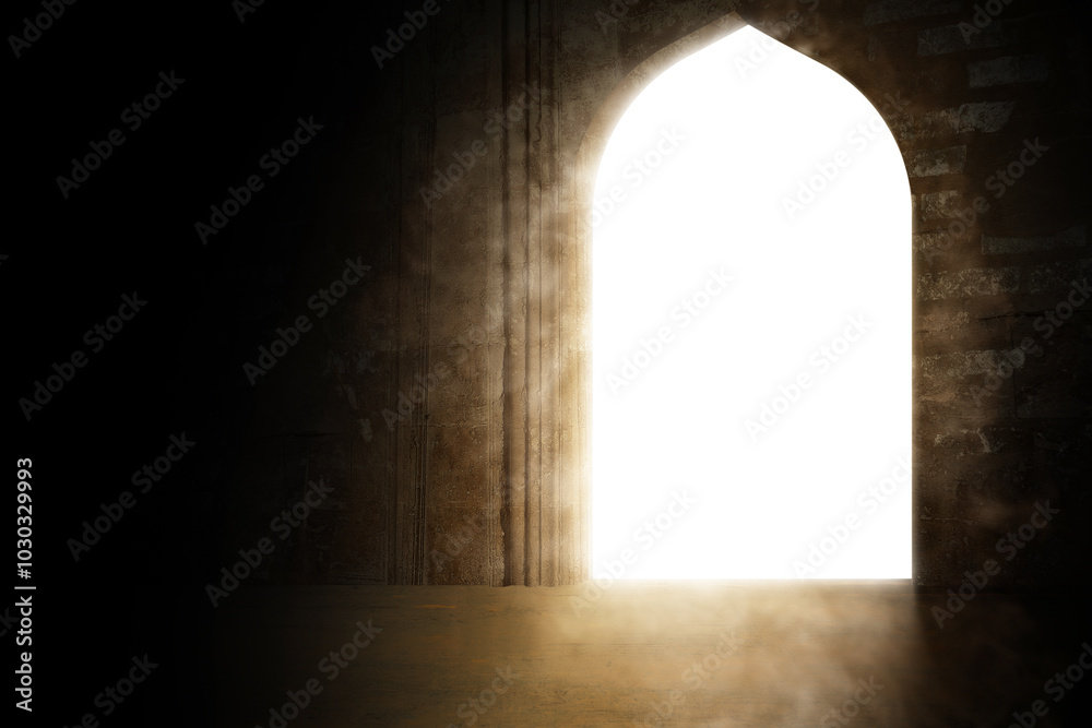 White archway of mosque door with shining light through it White archway of mosque door with shining light through it
