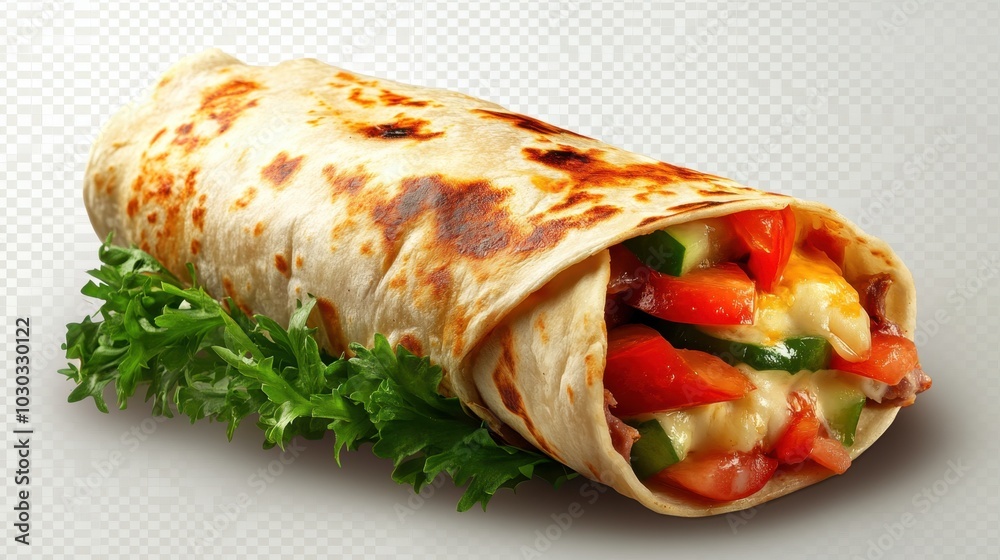 A delicious wrap filled with fresh vegetables and cheese on a bed of crisp lettuce enjoyed during a sunny lunch A delicious wrap filled with fresh vegetables and cheese on a bed of crisp lettuce enjoyed during a sunny lunch