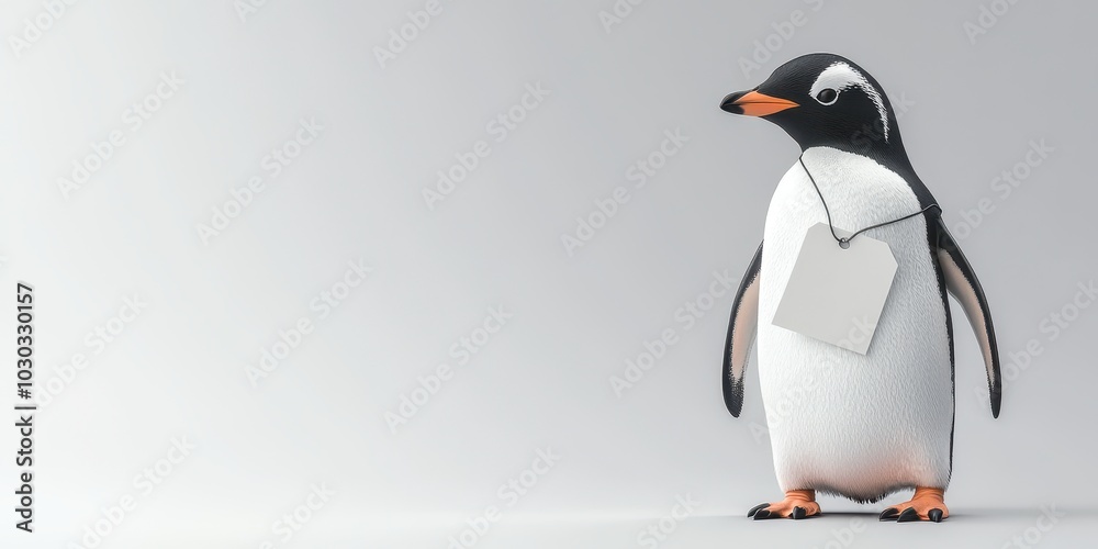 Obraz premium Playful Penguin on Discount: Cute Penguin Animal Standing on Sale Tag, Gray Background - Fun Wildlife Concept for Marketing Designs