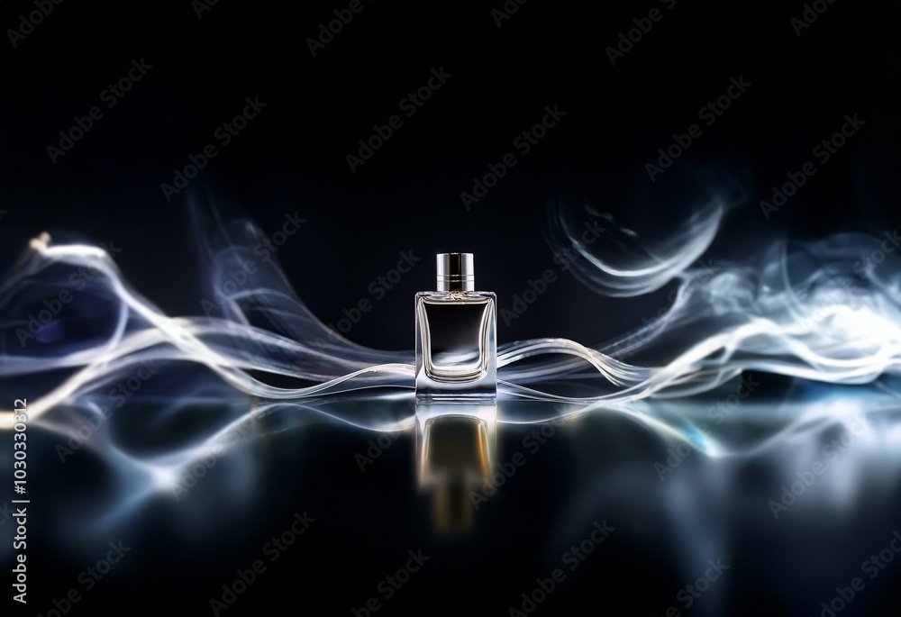 A glass bottle of perfume stands alone on a black background with streaks of white smoke around it.
