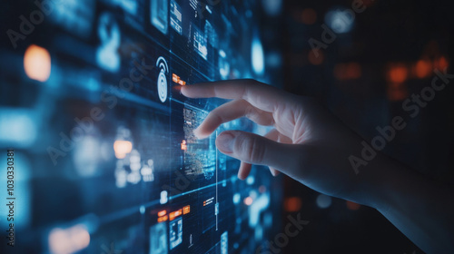 Action plan concept: A person interacting with an icon on a virtual screen that represents an action plan, focusing on business and marketing objectives, strategy, and implementation. This visual high