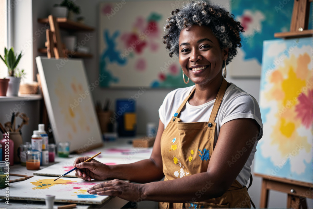 Naklejka premium Woman artist in her studio holding a paintbrush surrounded by colorful paintings and art supplies