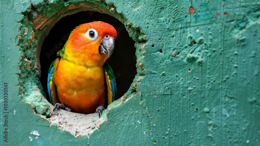 A sun conure parrot peeks out of a hole in a teal wall