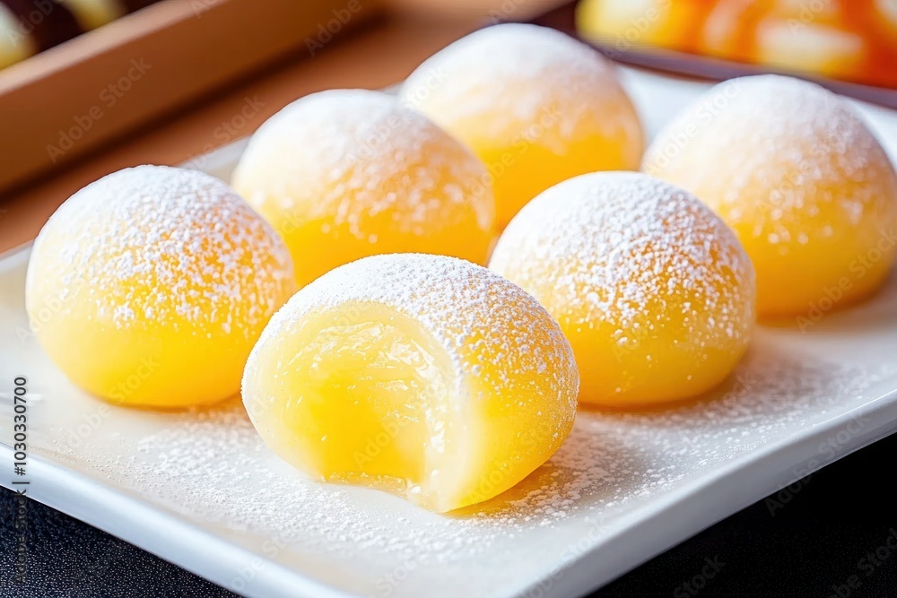 Japanese Mochi Dessert Plate with Smooth Round Shapes and Powdered Sugar Coating Japanese Mochi Dessert Plate with Smooth Round Shapes and Powdered Sugar Coating